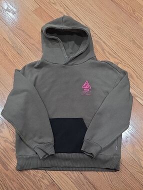 Women's Vans 66 Olive Green Supply Hoodie with Black Pocket and Pink Logo - XS